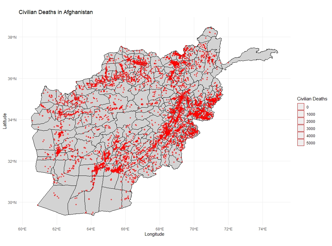 Suroush1's tweet photo. This map shows the geolocation of civilian deaths across Afghanistan since 1989, which I made based on the University of Uppsala’s Conflict dataset. Clearly illustrating the devastating impact of conflict on civilians. https://t.co/JzS4lhTzLW