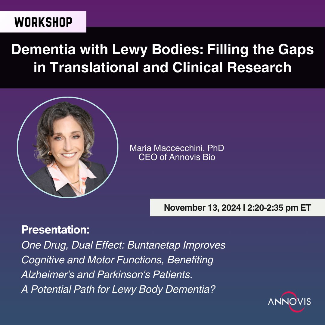 Annovis Bio (@annovisbio) on Twitter photo Tune in today as Maria Maccecchini, Ph.D., CEO of $ANVS, will present at the <a href="/NIHAging/">The National Institute on Aging (NIA)</a> workshop on #DementiaWithLewyBodies.
For more details about the workshop and how to watch it online, see full release: annovisbio.com/press-release/… Tune in today as Maria Maccecchini, Ph.D., CEO of $ANVS, will present at the <a href="/NIHAging/">The National Institute on Aging (NIA)</a> workshop on #DementiaWithLewyBodies.
For more details about the workshop and how to watch it online, see full release: annovisbio.com/press-release/…