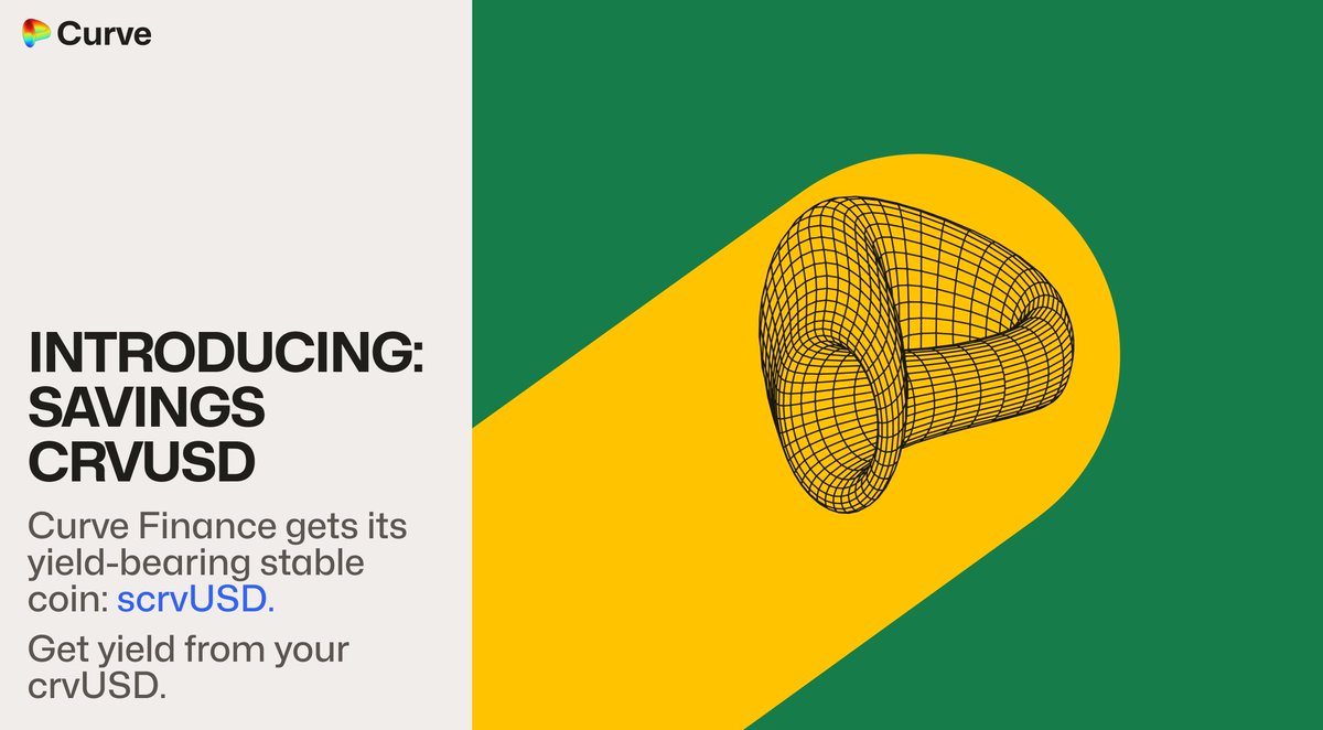 The era of scaling crvUSD is here!

Savings crvUSD (scrvUSD) - Curves’s yield-bearing stablecoin - is officially launched!

It is the safest yield you can get with crvUSD. Depositors get a share of fees earned by the crvUSD system with 0 lockups.

Use it here: