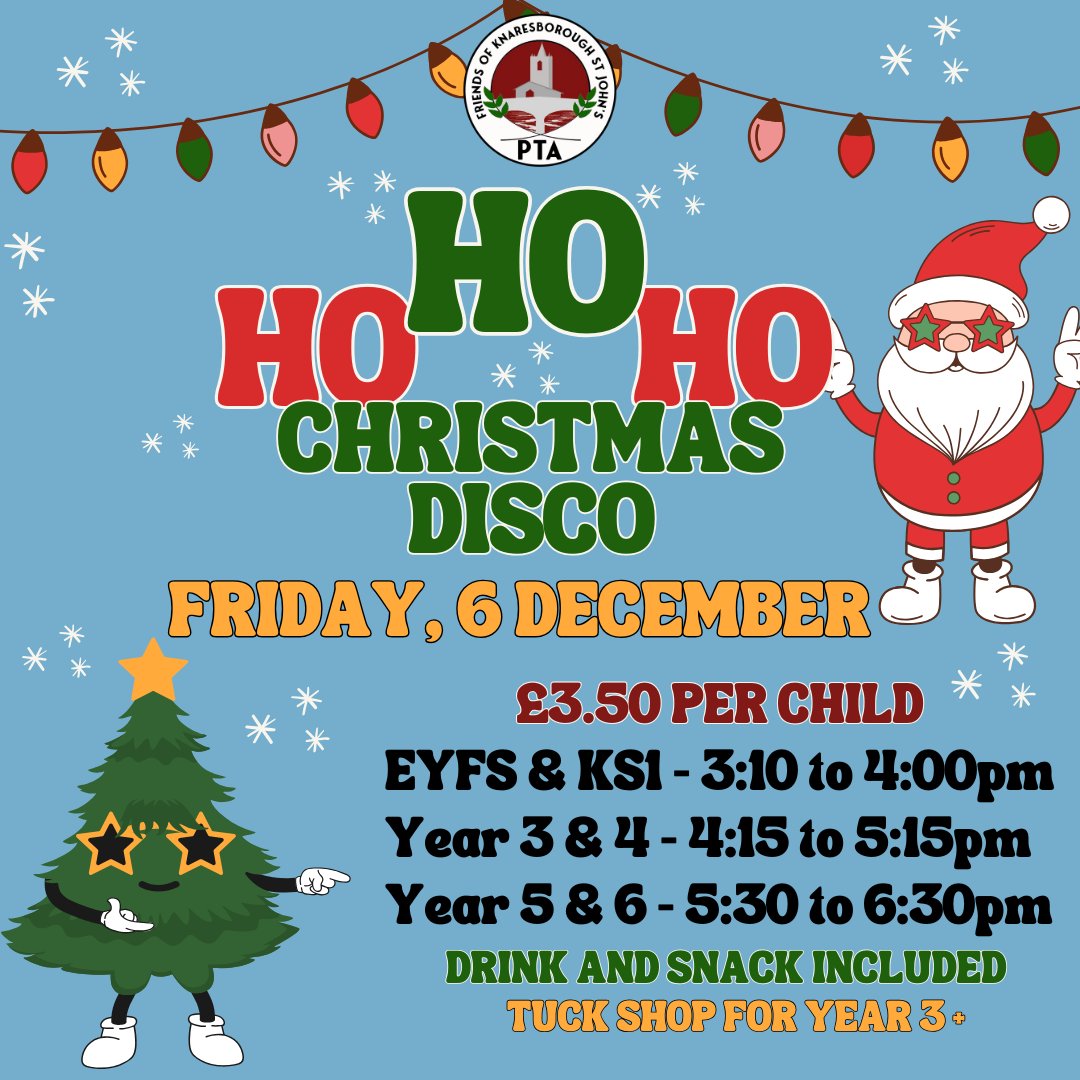Ho Ho Ho Christmas Disco! 🎅
Get ready to jingle all the way! Our Christmas Disco is on Friday, 6th December with times for each year group.
£3.50  – includes a drink and snack! Plus, there’ll be a tuck shop and stalls for Year 3 and up! 
pta-events.co.uk/foksj <a href="/KSJ_Primary/">KnaresboroughCE</a>