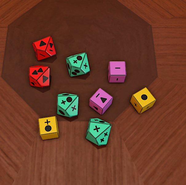 GhostSpark_off's tweet photo. I wonder if there would be a... Not a market but rather a niche for an open-source version of dice similar to Genesys dice?

I call these Dual-Axis Dice by the way. They work pretty similar to Genesys dice but without the Triumph/Despair symbols. https://t.co/OsLgRYDUQi