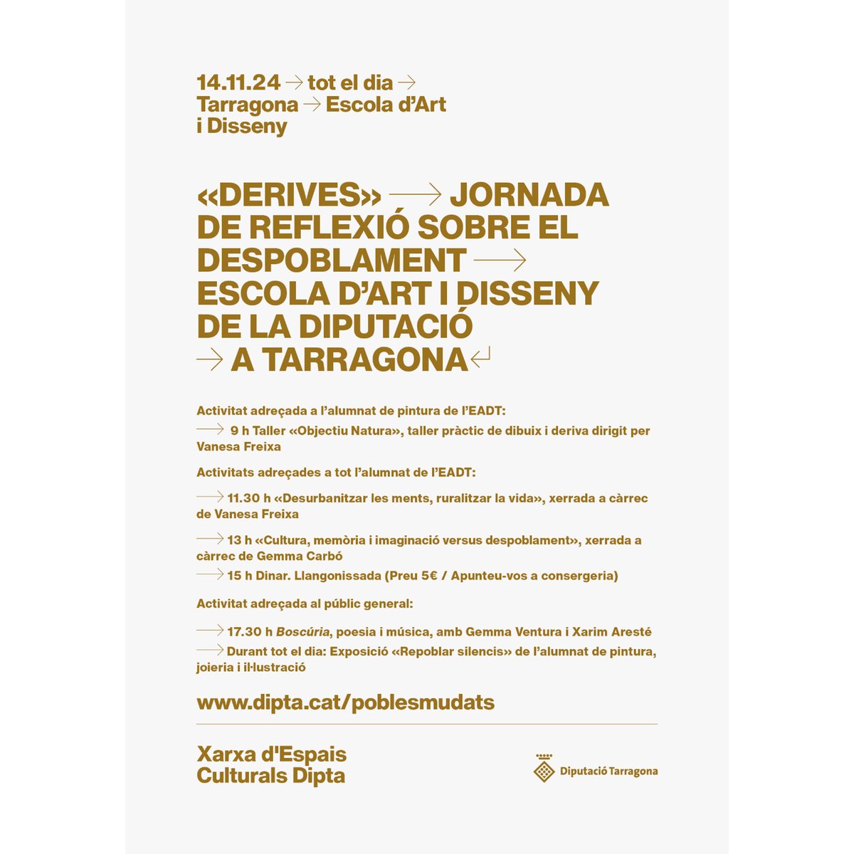 EADTarragona (@eadtarragona) on Twitter photo Demà Gemma Ventura i Xarim Aresté actuaran en el marc de la jornada reflexiva 'Derives' de l'#EADTarragona dedicada al despoblament.
Activitat oberta al públic.
Cal inscripció a sec.eadt@dipta.cat
#Tarragona #dervies #CulturaDipta #PoblesMudats
+ info: dipta.cat/eadt Demà Gemma Ventura i Xarim Aresté actuaran en el marc de la jornada reflexiva 'Derives' de l'#EADTarragona dedicada al despoblament.
Activitat oberta al públic.
Cal inscripció a sec.eadt@dipta.cat
#Tarragona #dervies #CulturaDipta #PoblesMudats
+ info: dipta.cat/eadt
