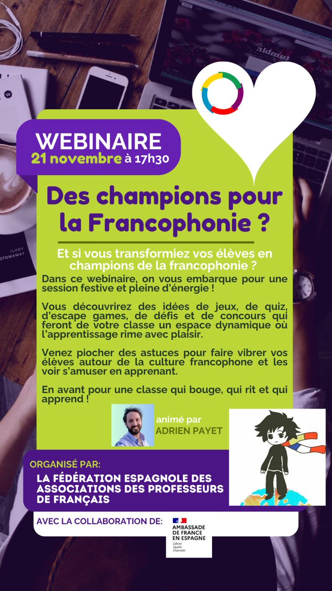 Êtes-vous membre d'une association appartenant à la #FEAPF ? Voulez-vous transformez vos élèves en champions de la francophonie ? Inscrivez-vous au webinaire du 21 novembre avec Adrien Payet #webinaire #championspourlafrancophonie #fle