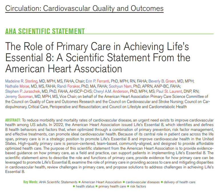 AHA Science (@ahascience) on Twitter photo Due to its central role in patient care across the lifespan, primary care is positioned to help people achieve LE8, offering person-centered, team-based & community-aligned care
✍🏼 <a href="/mad_sters/">Madeline Sterling, MD, MPH, FAHA</a> <a href="/ErinFerranti/">Erin Ferranti, PhD, MPH, RN</a> <a href="/nmoise_md/">Nathalie Moise MD MS</a> @randi_epi <a href="/spjuraschek/">Stephen Juraschek MD, PhD, FAHA, AHSCP-CHS</a> <a href="/chanders4/">Cheryl Anderson</a> <a href="/JeremySussman/">Jeremy Sussman</a> @p_stlaurent Due to its central role in patient care across the lifespan, primary care is positioned to help people achieve LE8, offering person-centered, team-based & community-aligned care
✍🏼 <a href="/mad_sters/">Madeline Sterling, MD, MPH, FAHA</a> <a href="/ErinFerranti/">Erin Ferranti, PhD, MPH, RN</a> <a href="/nmoise_md/">Nathalie Moise MD MS</a> @randi_epi <a href="/spjuraschek/">Stephen Juraschek MD, PhD, FAHA, AHSCP-CHS</a> <a href="/chanders4/">Cheryl Anderson</a> <a href="/JeremySussman/">Jeremy Sussman</a> @p_stlaurent