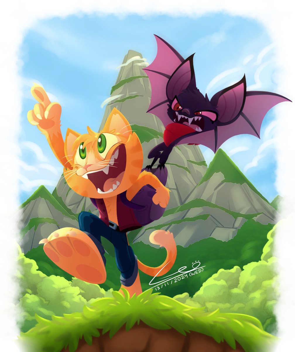 [#OC] Meet Rodney and Betty! 🐈🦇 

I'm happy to finally introduce these two, they're a wacky duo. This will be the cover art for their debut story 💚

#art #illustration #digitalart
#originalcharacters #ocart #tigartz