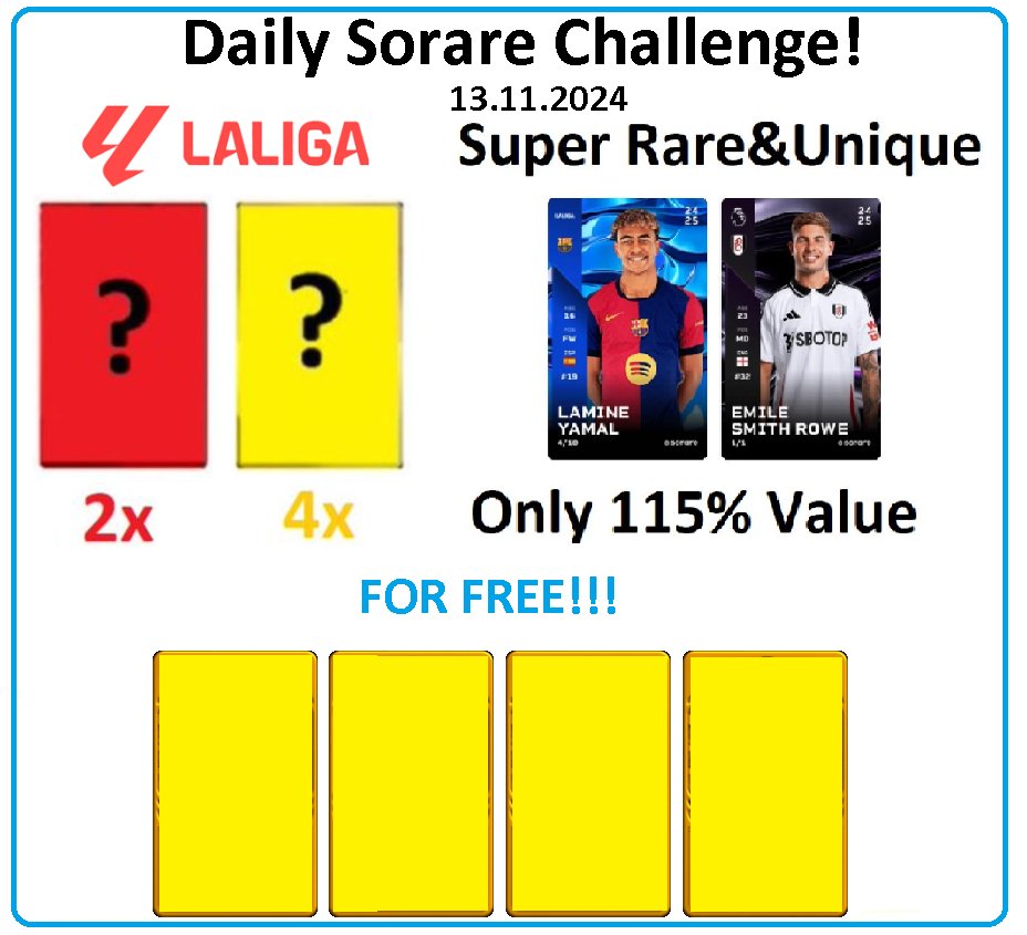 Daily <a href="/Sorare/">Sorare</a> Challenge - Starting Now 13.11.2024!!!

1⃣Swap my Super Rare and Unique Cards for Your 115% cards value 🔝
2⃣2 Rare and 4 Limited LaLiga Cards for 6 people who make at least one transaction with me within 24 hours 🔥
4⃣🆓4xLimited cards for 4 random people - just
