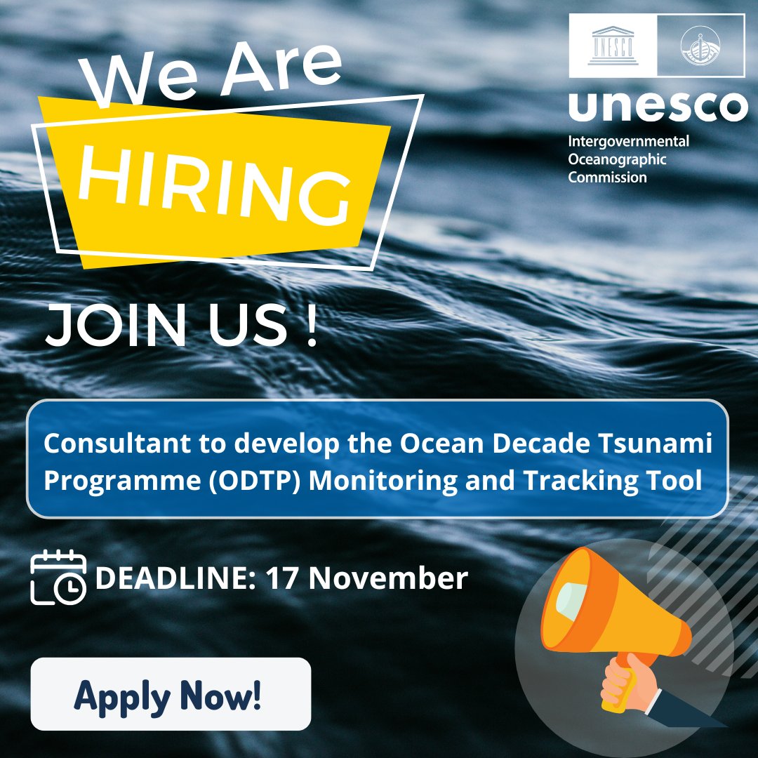 We're looking for a Consultant to  develop a holistic Ocean Decade Tsunami Programme (ODTP) – Monitoring and Tracking Tool to better support implementation, tracking and monitoring of the ODTP.

Apply by 17 November 👉 ow.ly/bycu50U4XF8