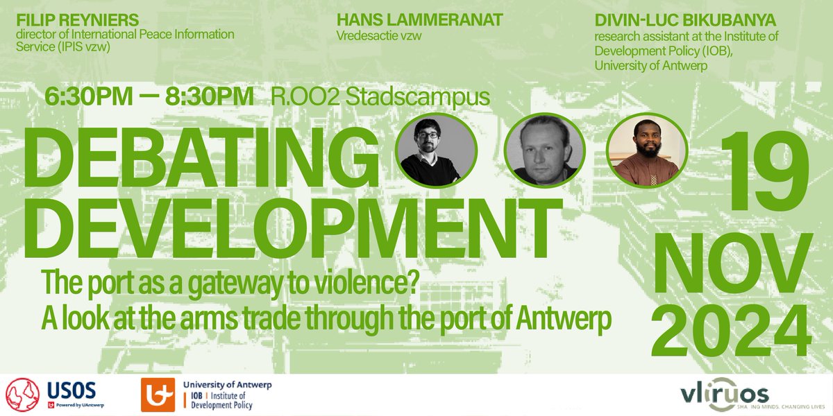 USOS (@usos_antwerpen) on Twitter photo 🚢 The port as a gateway to violence?
🔫 The upcoming Debating Development panel session will be on arms trade through the port of Antwerp
🎙️ Invited speakers from <a href="/IPISResearch/">IPIS Research</a>, <a href="/Vredesactie/">Vredesactie vzw</a> and <a href="/IOBUA/">IOB - Institute of Development Policy</a>
✍️ register online uantwerpen.be/en/centres/uso… 🚢 The port as a gateway to violence?
🔫 The upcoming Debating Development panel session will be on arms trade through the port of Antwerp
🎙️ Invited speakers from <a href="/IPISResearch/">IPIS Research</a>, <a href="/Vredesactie/">Vredesactie vzw</a> and <a href="/IOBUA/">IOB - Institute of Development Policy</a>
✍️ register online uantwerpen.be/en/centres/uso…