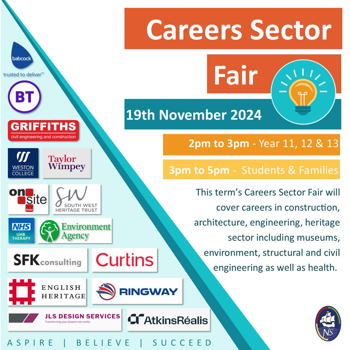 nailseaschool's tweet photo. 📣Careers Sector Fair 19.11.24
⛑️🦺🏥Next week the first of three 'Careers Sector Fairs' this one looks at careers in construction, engineering, health & heritage
🕑2-3pm Open to Years 11, 12 & 13
🕒3-5pm Open to All
⚠️An exciting event for future planning!
#WorkLifeWednesday https://t.co/NhD1ZKAQP0