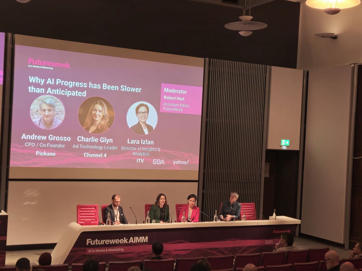 videoweek's tweet image. Another engaging session, hearing from Andrew Grosso, Pickaxe, Charlie Glyn, @Channel4 and Lara Izlan, @ITV about why AI progress has been slower than expected.

#FWAIMM24 #FutureWeekAIMM #Media #AI #Advertising