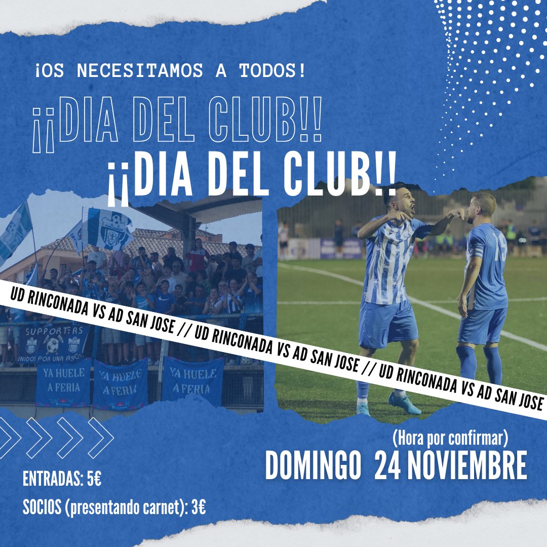 💙 ¡¡DIA DEL CLUB!!🤍

🙌🏻 El próximo partido en casa que nos enfrentará a la AD San Jose será el día del club. La entrada será de 5€ precio único a excepción de los socios que presenten su carnet que será de 3€. ¡Os esperamos a todos!

#unsueñoporcumplir