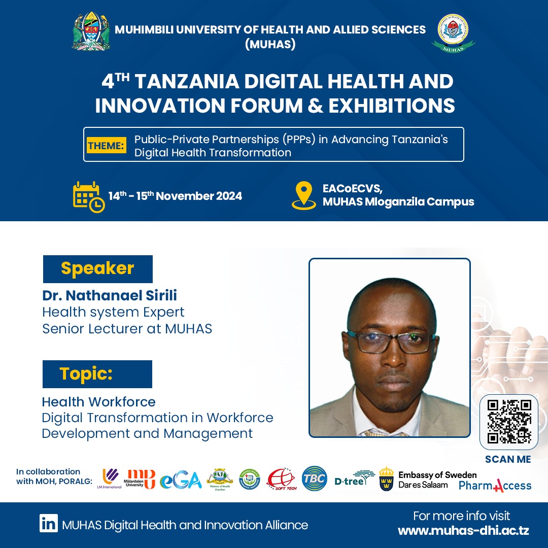 MUHAS Digital Health (@muhas_dhealth) on Twitter photo Dr. <a href="/NathanaelSirili/">Nathanael Sirili</a> will offer his insights in the session titled "Health Workforce: Digital Transformation in Workforce Development and Management" at the 4th Tanzania Digital Health and Innovation Forum & Exhibition.
#DigitalHealthTz
#HealthTransformation Dr. <a href="/NathanaelSirili/">Nathanael Sirili</a> will offer his insights in the session titled "Health Workforce: Digital Transformation in Workforce Development and Management" at the 4th Tanzania Digital Health and Innovation Forum & Exhibition.
#DigitalHealthTz
#HealthTransformation