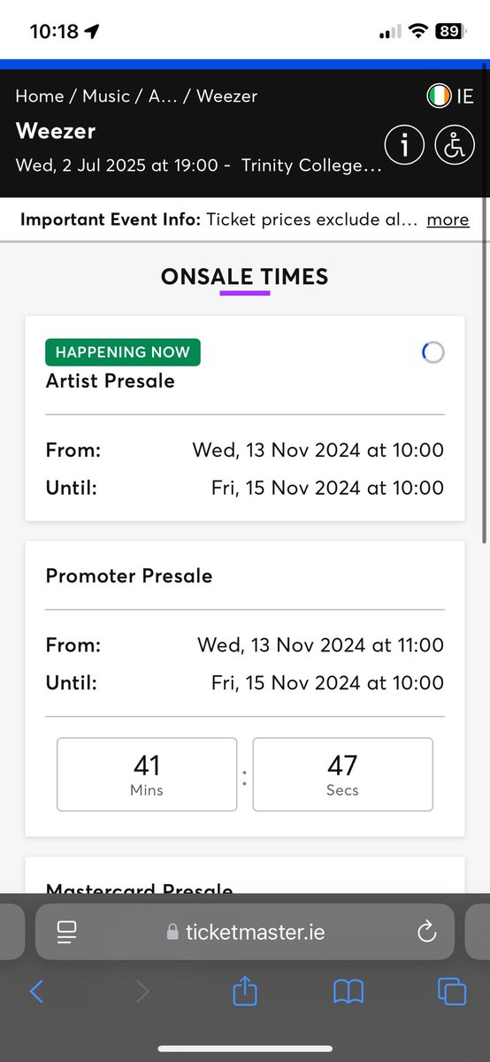 zob_digital's tweet photo. Hi @TicketmasterIre can you please help with the Weezer presale links? Only endlessly loads :( https://t.co/8EL9pOa3Vy