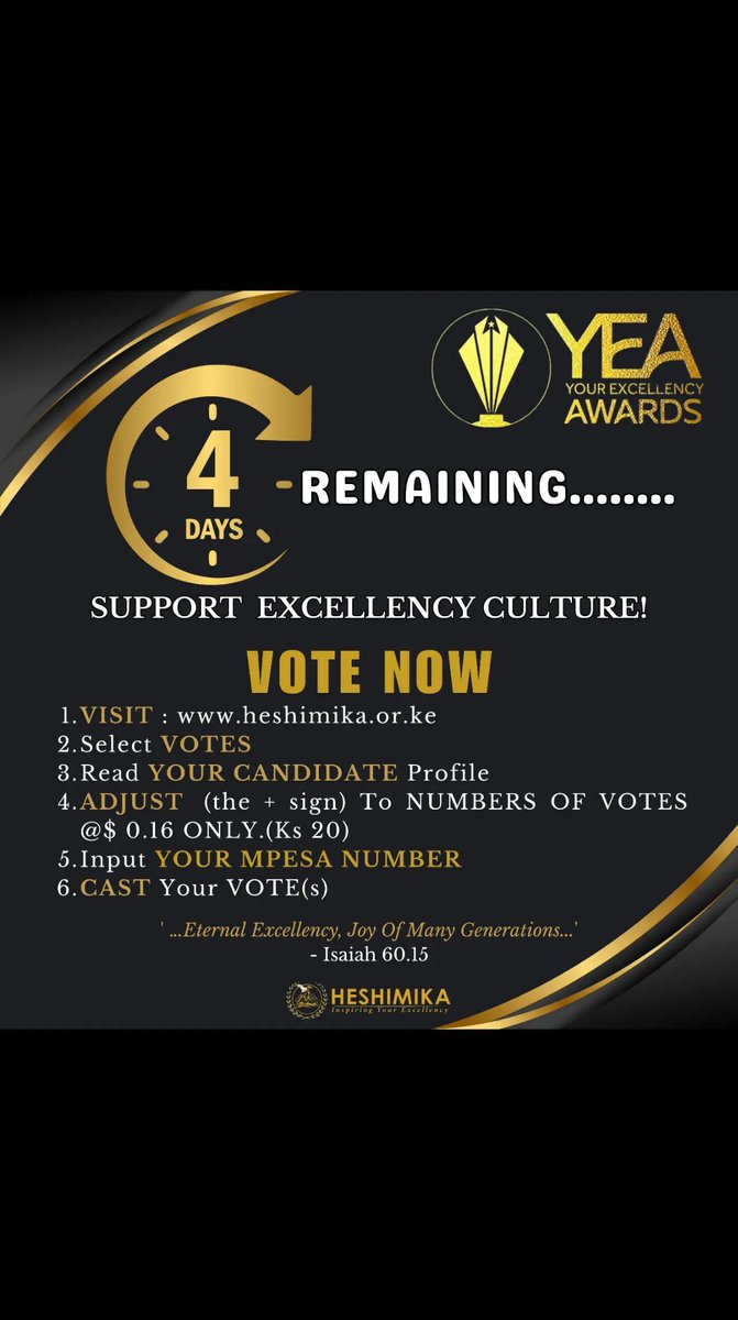 HESHIMIKA 
KenyaIstahiliHESHIMA 
Personal, Professional and Public Excellency.
Let's Vote for the best of us.
#YourExcellencyAwards2024
heshimika.or.ke