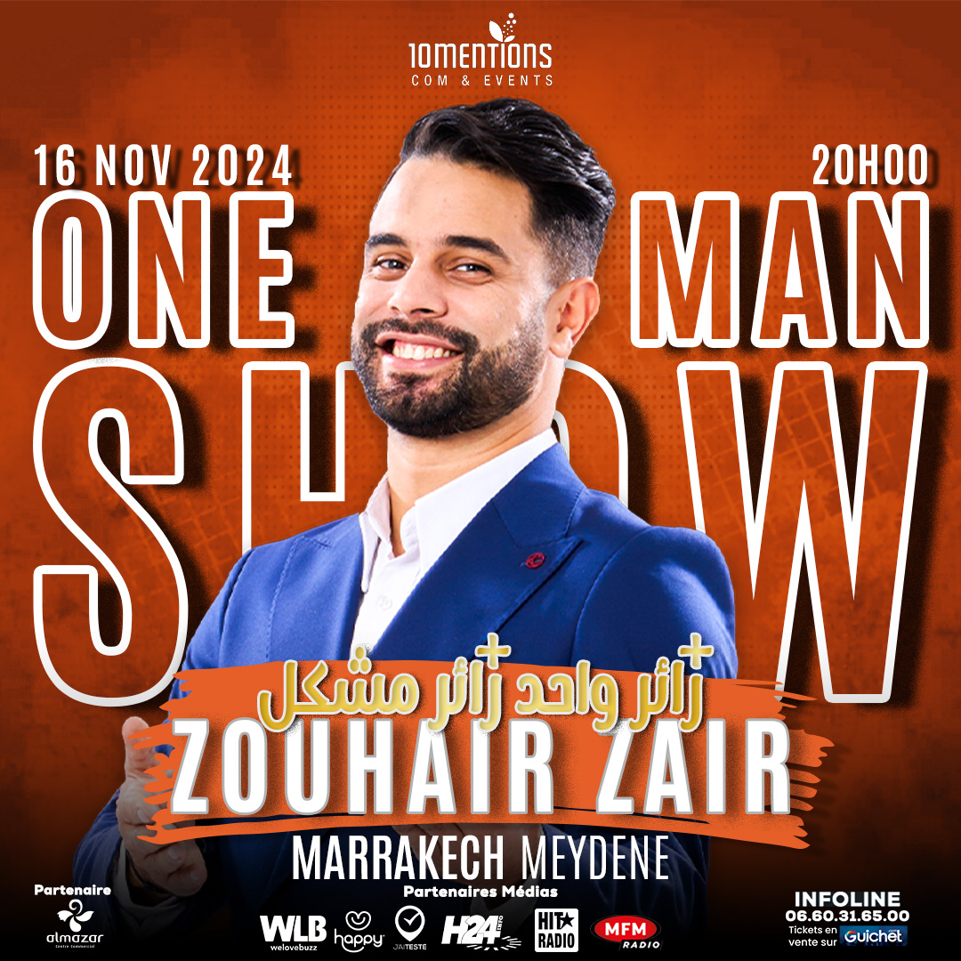 VMCalendar's tweet photo. "🚨 Marrakech, préparez-vous pour une soirée de folie ! 🚨 Zouhair Zair débarque avec son *One Man Show* le 16 novembre 2024 au Meydene ! 🎭 Pour plus d’infos :https://t.co/Ee6g0n0RKe 
rejoignez-nous à 20h pour un show mémorable ! ✨ #ZouhairZair #Marrakech #Humour" https://t.co/OOtcE2wPLP