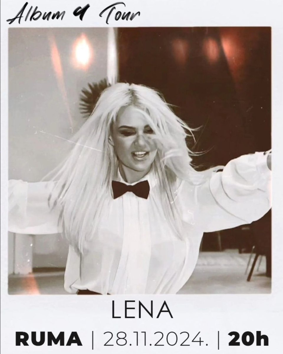 Vidimo se u Rumi!  
KONCERT LENE KOVAČEVIĆ U RUMI: 
/Četvrtak, 28. novembar 2024. godine 
/Velika dvorana u 20.00 časova  
/Prodaja ulaznica na blagajni Kulturnog centra "Brana Crnčeviić" počinje u petak, 8. 11. 2024. godine.  
#ruma #lenakovacevic #koncert