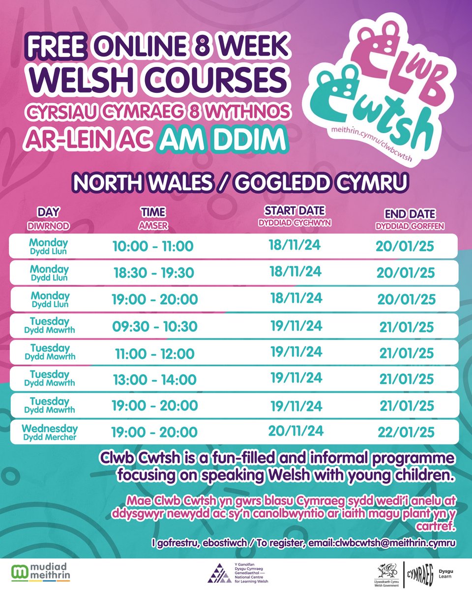 Clwb Cwtsh (@clwbcwtsh) on Twitter photo 🏴 North Wales Sessions
📍Sesiynau Gogledd Cymru
🧸Check out our new sessions starting next week! Join us face to face or at home with your little ones.
📣 Get yourself registered today by sending us an email:
💌clwbcwtsh@meithrin.cymru
#clwbcwtsh #dysgucymraeg #learnwelsh 🏴 North Wales Sessions
📍Sesiynau Gogledd Cymru
🧸Check out our new sessions starting next week! Join us face to face or at home with your little ones.
📣 Get yourself registered today by sending us an email:
💌clwbcwtsh@meithrin.cymru
#clwbcwtsh #dysgucymraeg #learnwelsh