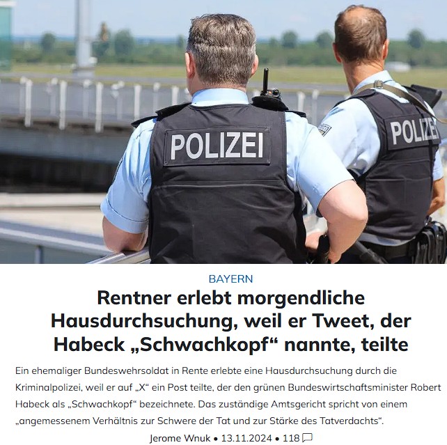 heinz_kos's tweet photo. Deutschland 2024: #Hausdurchsuchung im Morgengrauen, weil ein Rentner ein #Habeck-Meme auf X #retweetet! Der Mann wird wegen angeblicher #Volksverhetzung wie ein Schwerverbrecher verhört. #schwachkopf #grüne https://t.co/OYmT1xWsKH
