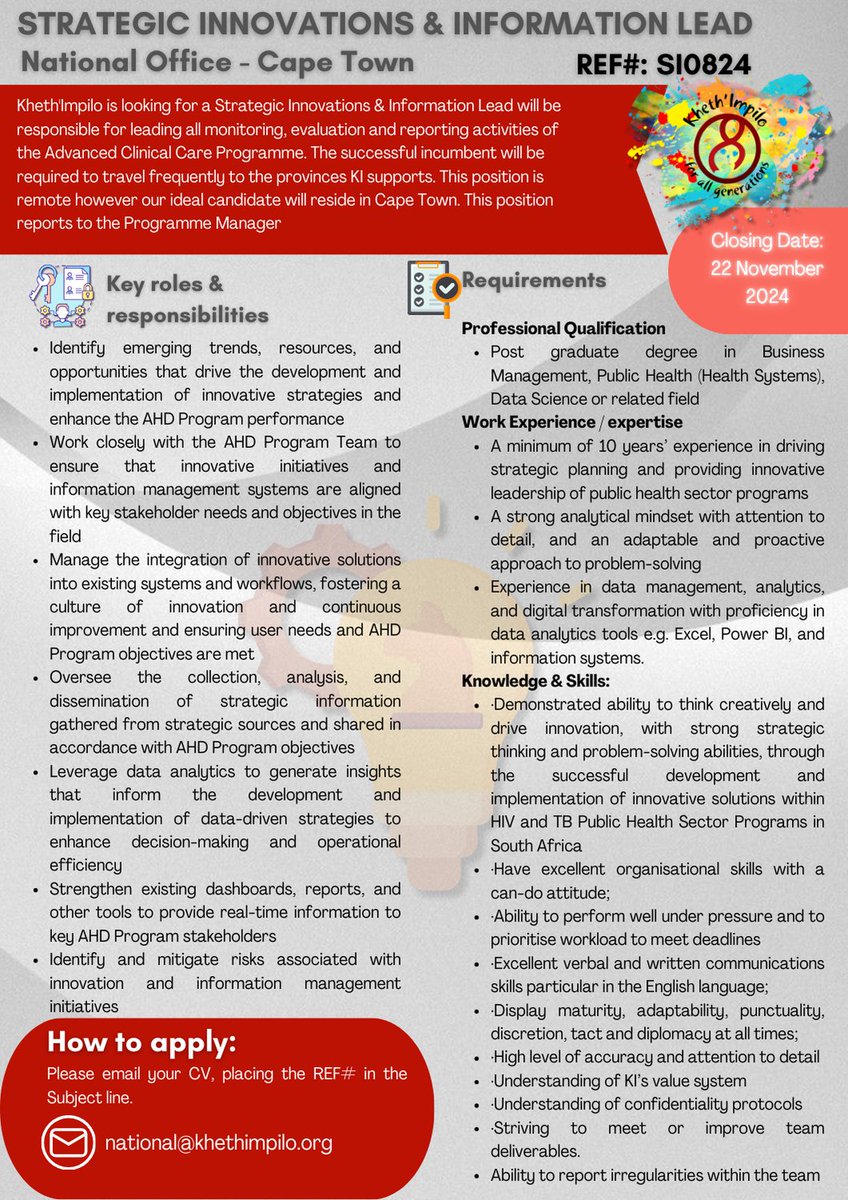 We are hiring! Please review and apply via email.
All details in the attached Job Advert.