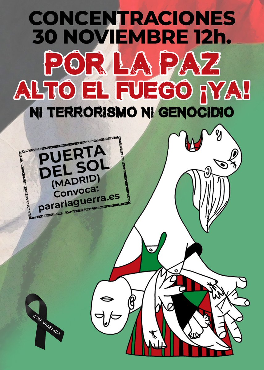 CCOO's tweet photo. Concentraciones por todo el país exigirán el #AltoAlFuegoYA en Palestina 🇵🇸 este sábado 30 de noviembre

Hay que parar la guerra #NiTerrorismoNiGenocidio  #YoVoy30N 
https://t.co/EoC3NBbbMU

En los próximos días se irán concretando en https://t.co/tLDlgeKOBJ las convocatorias concretas en las capitales y diferentes poblaciones, empezando por la concentración en Madrid que se celebrará en la Puerta del Sol a las 12h del mediodía.