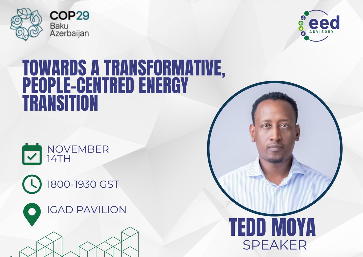 📌Join the EED Advisory team comprising Ruth Gichuhi, Tedd Moya, and Tom Shikorire as they contribute to the critical, ongoing discussions at COP29!

#COP29Baku  #COP29Azerbaijan  #SustainableDevelopment  #EEDResearchInstitute #EEDAdvisory