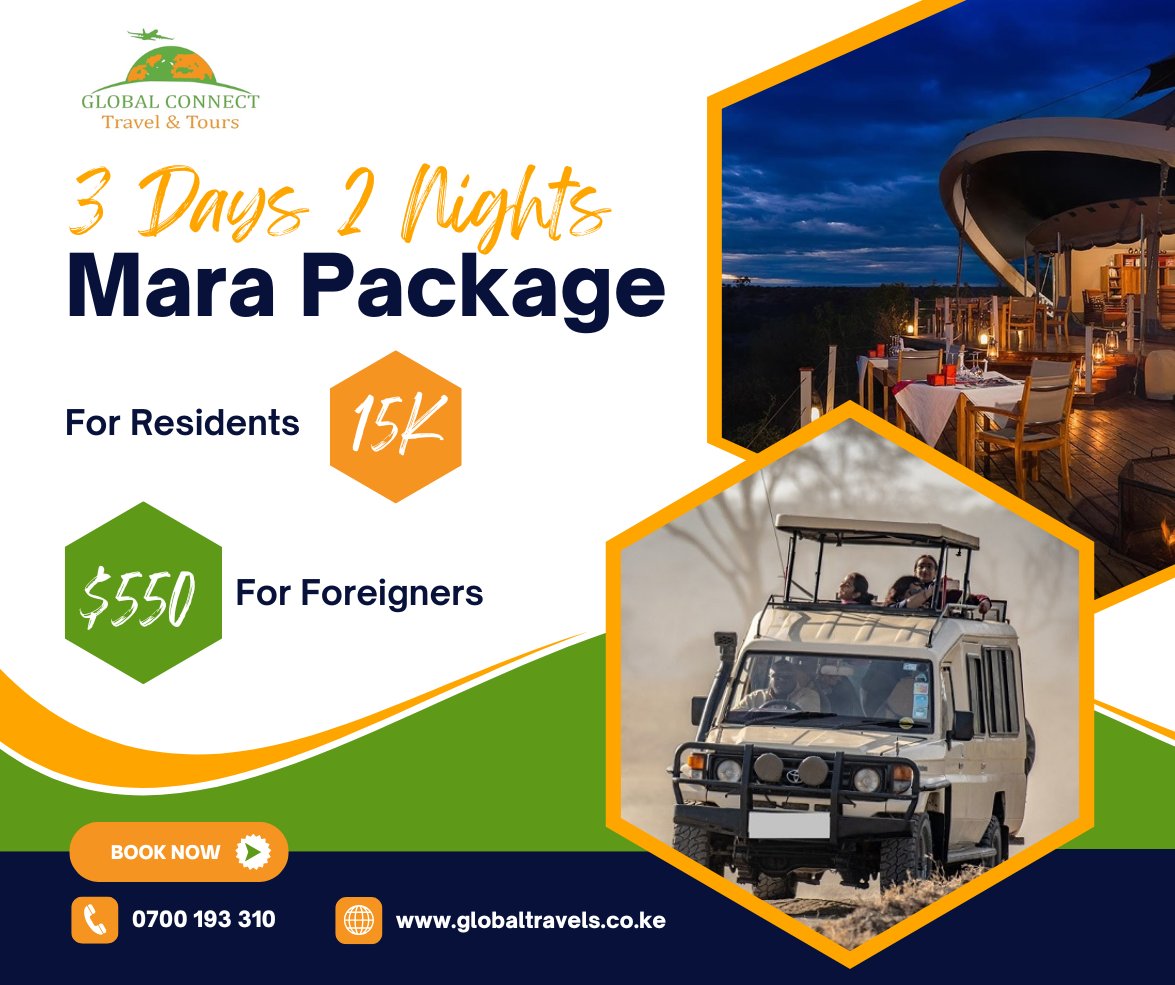 globalconnect89's tweet photo. 3 Days, 2 nights Mara package!
@15k Only (for Residents/Kenyans) &amp; USD$ 550 for Foreigners.
Book Now: 0700 193310
https://t.co/aCk4sX1Yc5 https://t.co/eUyqr2UOnL