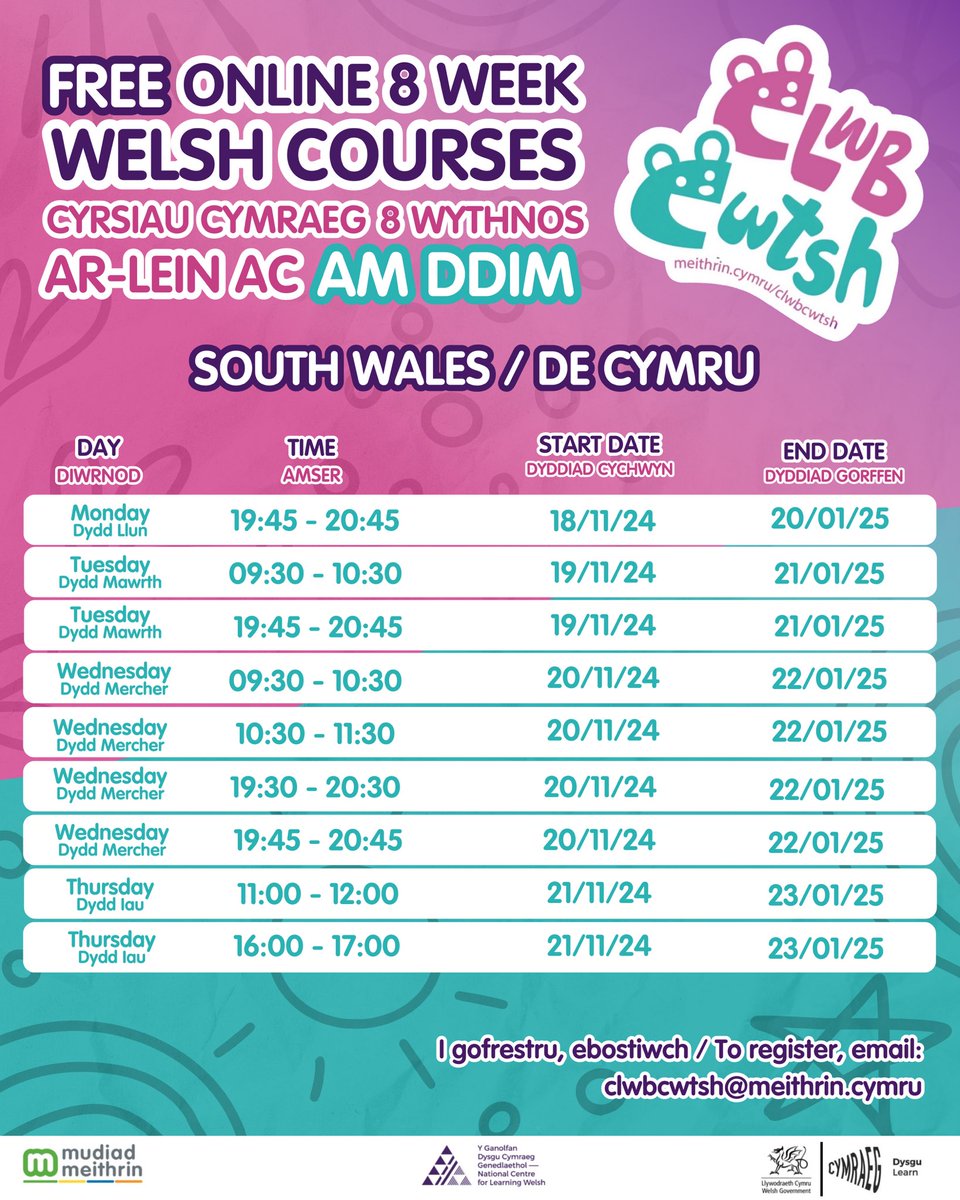 Clwb Cwtsh (@clwbcwtsh) on Twitter photo 🏴 South Wales Sessions
📍Sesiynau De Cymru
🤩 Check out our new sessions starting next week! Join us face to face or at home with your little ones.
📣 Get yourself registered today by sending us an email:
💌clwbcwtsh@meithrin.cymru 🏴 South Wales Sessions
📍Sesiynau De Cymru
🤩 Check out our new sessions starting next week! Join us face to face or at home with your little ones.
📣 Get yourself registered today by sending us an email:
💌clwbcwtsh@meithrin.cymru