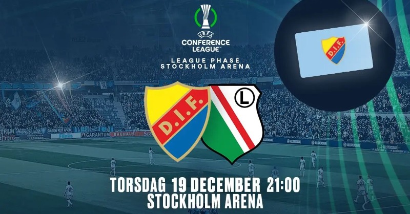 DIF_Fotboll's tweet photo. Medlemmar har förtur att köpa biljetter till UECL-matchen mot Legia Warszawa på Tele2 Arena

Allmänt biljettsläpp sker onsdag 27 november 11:00