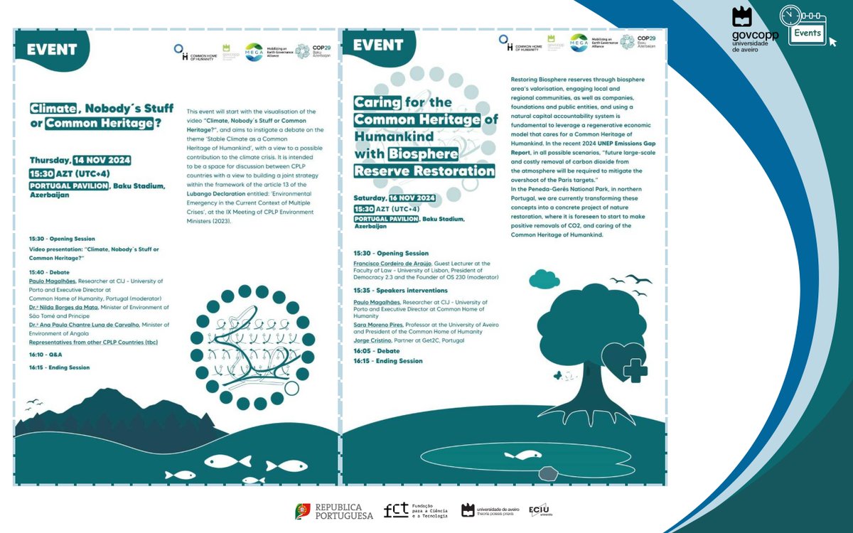 🌍 Common Home of Humanity &amp; GOVCOPP <a href="/COP29_AZ/">COP29 Azerbaijan</a>  in Baku!
📅Nov 14: "Climate, Nobody's Stuff or Common Heritage?"
📅Nov 16: "Caring for Common Heritage"

📺 Live Sessions: 
➡️youtube.com/live/-hu1D0UKO…
➡️youtube.com/live/H3H3sYXq_…

#Placebasedpolicyandgovernance