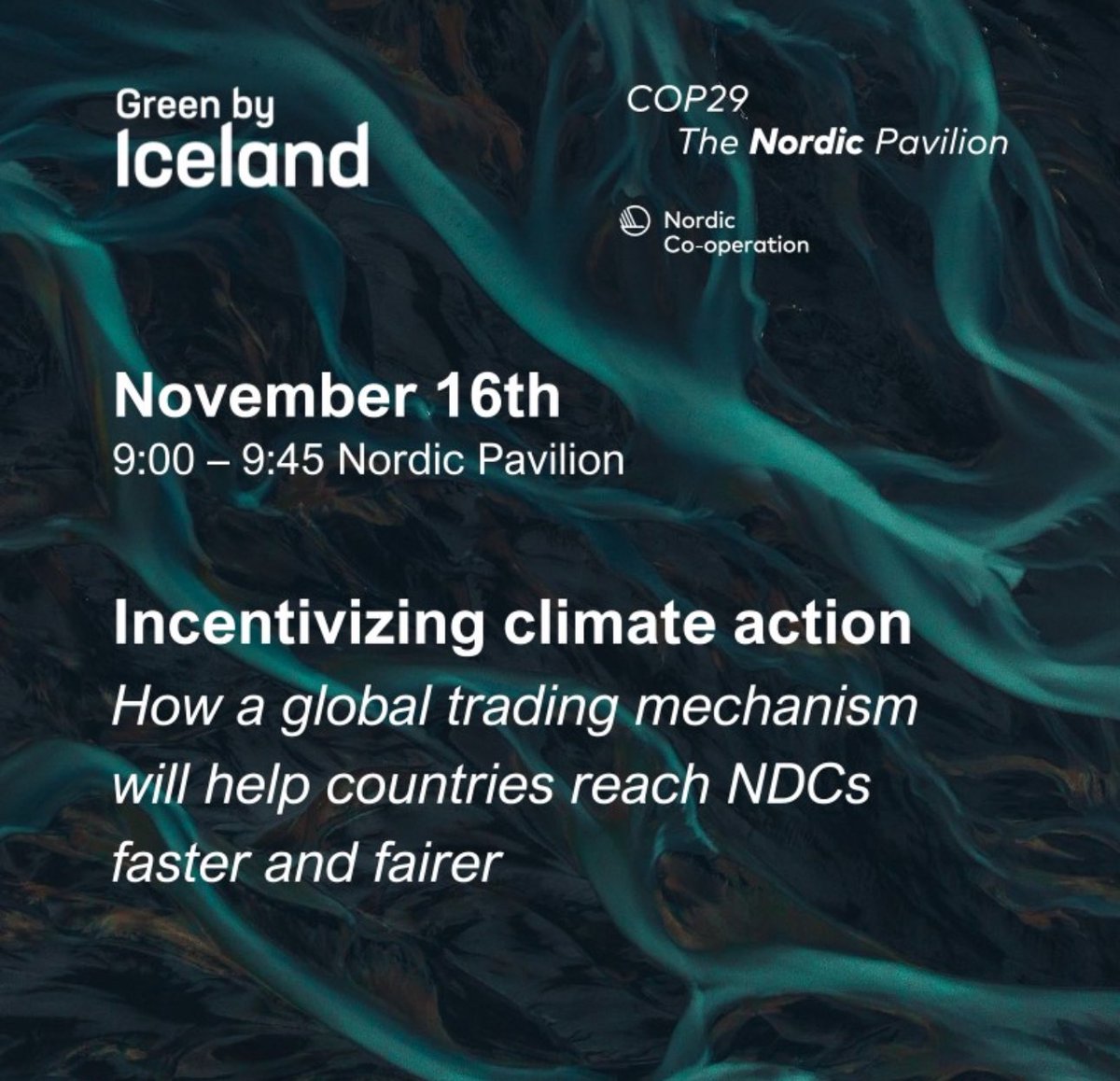 Join us at <a href="/COP29_AZ/">COP29 Azerbaijan</a> Azerbaijan at the Nordic Pavilion on November 16th! 🌍

📅 Date: November 16
🕒 Time: 9:00 - 9:45
📍 Location: Nordic Pavilion - C13

Session Title: "Incentivizing Climate Action: How a Global Trading Mechanism Will Help Countries Reach NDCs Faster and