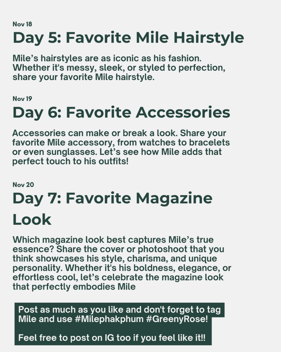 MilePhakOnIG's tweet photo. Greeny Rose 🌹 !!!

Let’s talk about what makes Mile Phakphum "Mile"! Each day focuses on a different side of his style, from casual to formal to magazine shoots. Share your thoughts and favorite picks here! Let’s hear your opinions!

#MilePhakphum @milephakphum 
#GreenyRose https://t.co/Qy5xS9vPZg