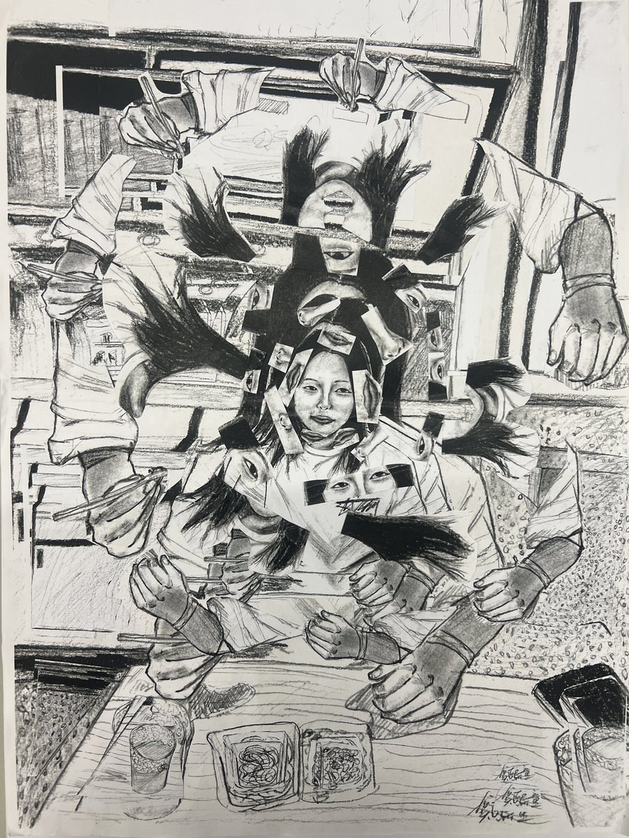 Thanks <a href="/CarlBeazleyArt/">Carl Beazley</a> for inspiring our students to jigsaw their work 💐 Here’s one of the many fantastic experiments created in Gr10 Art today… ❤️

#StamfordAmerican Gr10 artists are taking their realistic self-portrait drawings &amp; exploring possibilities other than realism.