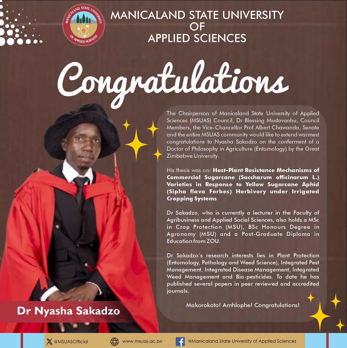 "A testament to the power of education. Congratulations, Dr. Nyasha Sakadzo! 
"
#PhD
#doctoratedegree
#AcademicAchievement
#highereducation
#Congratulations
#inspiration
#teammsuas
#Graduation2024
@GreatZimbabweUniversity