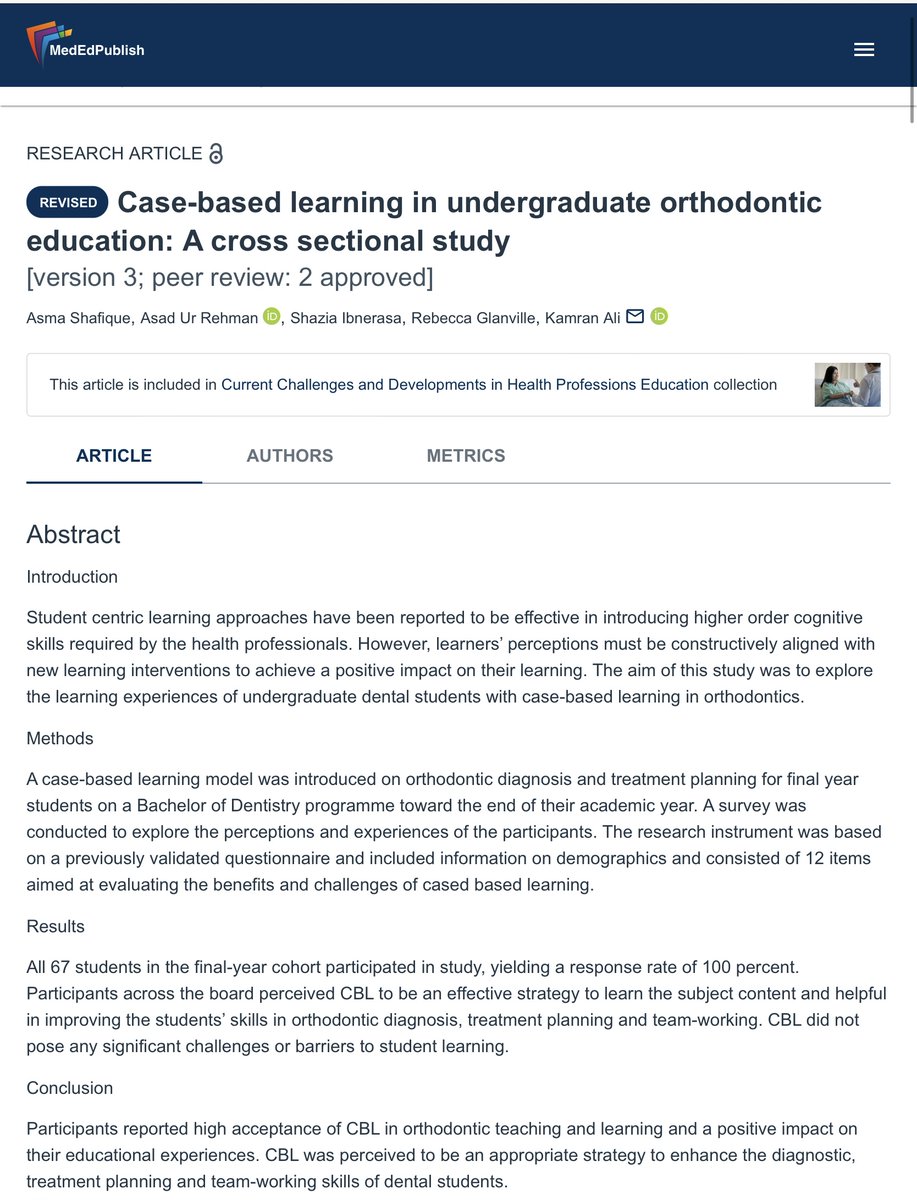 Just published! 🦷 This #MedEdPublish journal article on Case-based learning in undergraduate orthodontic education highlights its impact on student engagement and learning outcomes. Check it out!  ow.ly/Vx5150U5UUw

#MedEd #Orthodontics #DentalEducation #CaseBasedLearning