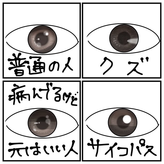 12_konegix's tweet photo. 【目で見分けるヤバいやつ】
クズ、雲に覆われたように目が濁ってる(ヤバいやつ)
病んでるけど良い人、静かに影を落としたような暗い目(ヤバくないやつ)
サイコパス、どこ見てるか分かんない異様に強い光を放つ目(ヤバいやつ) https://t.co/1N8Ll6ruqG
