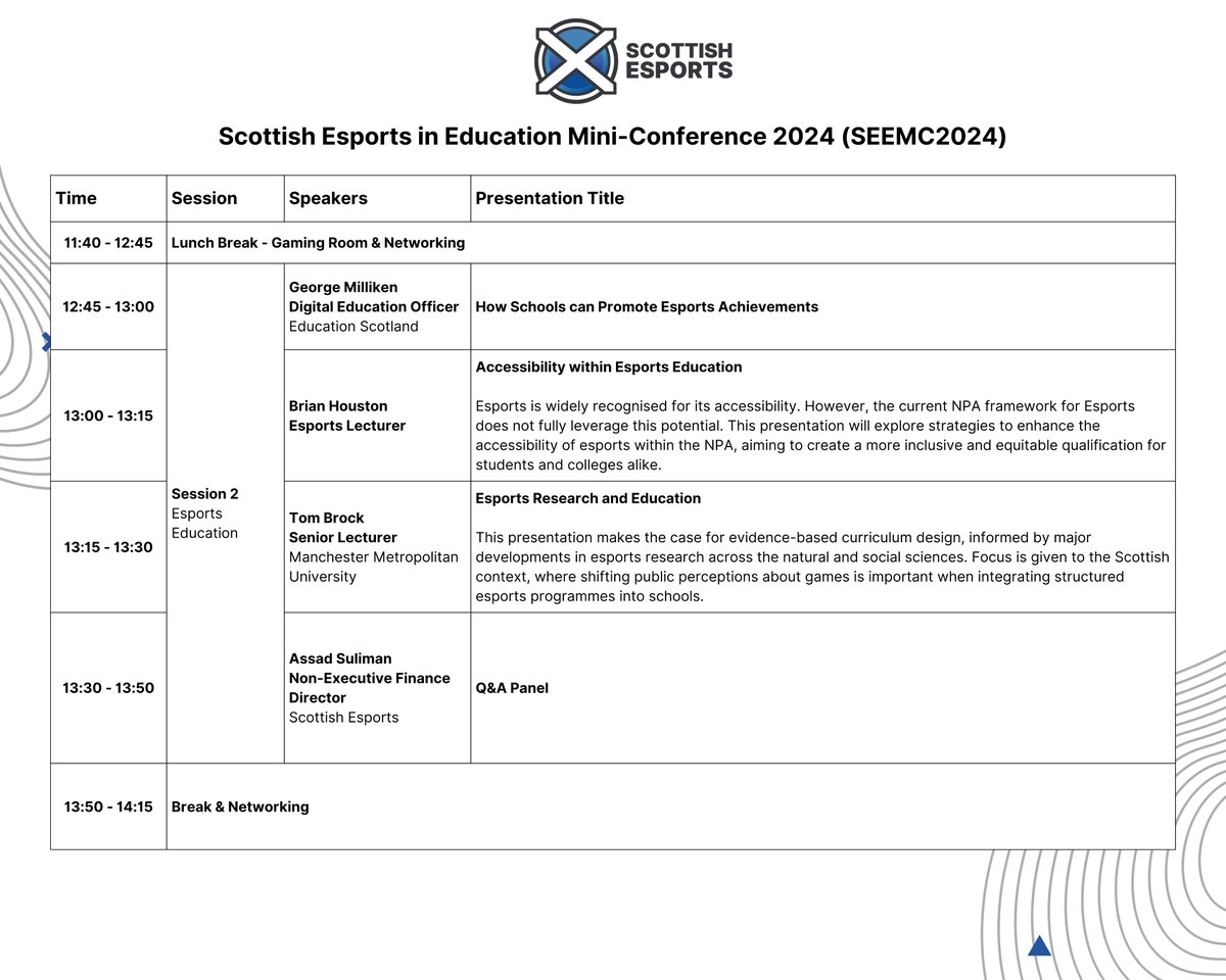 ScotEsports's tweet image. Scottish Esports in Education Mini-Conference 2024 (SEEMC2024) 

Friday 15th November 2024, 9am - 4pm 

- Full Agenda and Session Breakdowns

@D_RMurray @ASuleymon @flackboy @Jjoshmartin @Livermoray @AmDotshotgun @TGJBrock @Listo0o @bobbyelliott