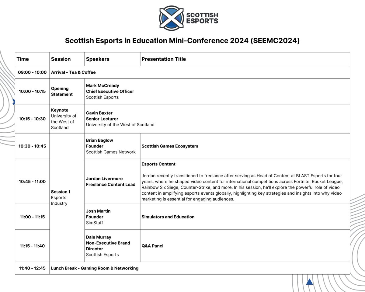 ScotEsports's tweet image. Scottish Esports in Education Mini-Conference 2024 (SEEMC2024) 

Friday 15th November 2024, 9am - 4pm 

- Full Agenda and Session Breakdowns

@D_RMurray @ASuleymon @flackboy @Jjoshmartin @Livermoray @AmDotshotgun @TGJBrock @Listo0o @bobbyelliott