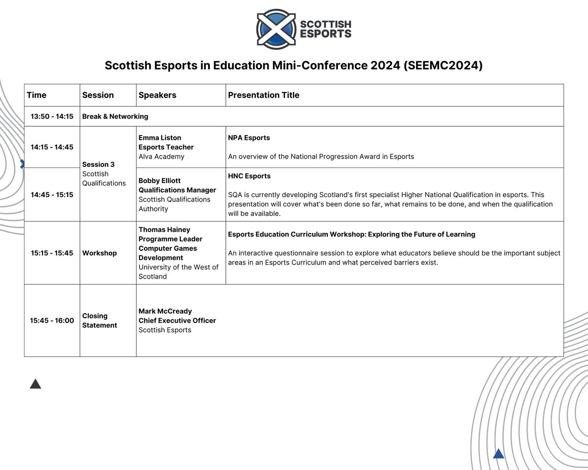 ScotEsports's tweet image. Scottish Esports in Education Mini-Conference 2024 (SEEMC2024) 

Friday 15th November 2024, 9am - 4pm 

- Full Agenda and Session Breakdowns

@D_RMurray @ASuleymon @flackboy @Jjoshmartin @Livermoray @AmDotshotgun @TGJBrock @Listo0o @bobbyelliott