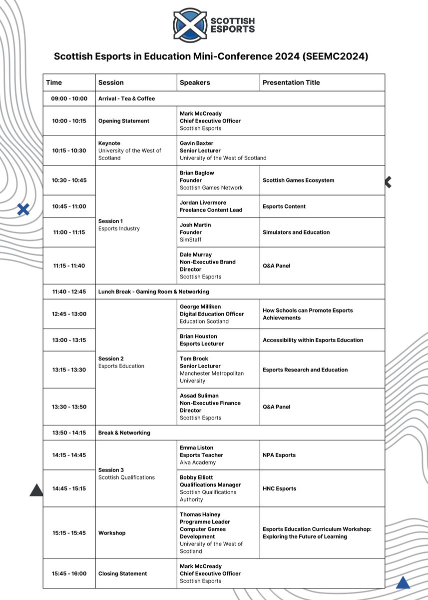 ScotEsports's tweet image. Scottish Esports in Education Mini-Conference 2024 (SEEMC2024) 

Friday 15th November 2024, 9am - 4pm 

- Full Agenda and Session Breakdowns

@D_RMurray @ASuleymon @flackboy @Jjoshmartin @Livermoray @AmDotshotgun @TGJBrock @Listo0o @bobbyelliott