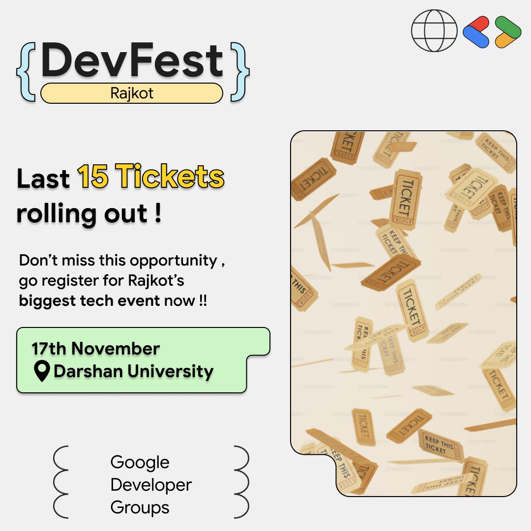 GDGRajkot's tweet image. It's now or never! We were already sold out considering tons of request and enthusiasm we are opening last 15 seats only.
allevents.in/rajkot/gdg-raj…
Get your hands on the last Tickets of GDG DevFest 2024 before it’s too late.
#GDGRajkot #devfestrajkot
