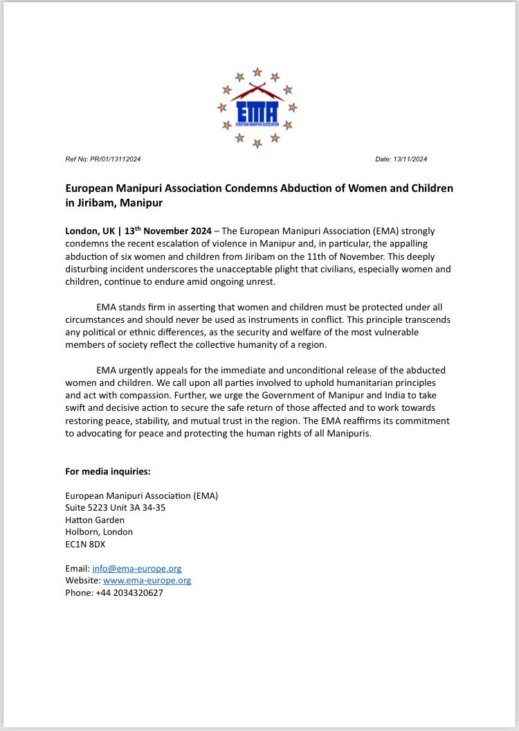 Ref No: PR/01/13112024
Date: 13/11/2024

European Manipuri Association Condemns Abduction of Women and Children in Jiribam, Manipur

London, UK