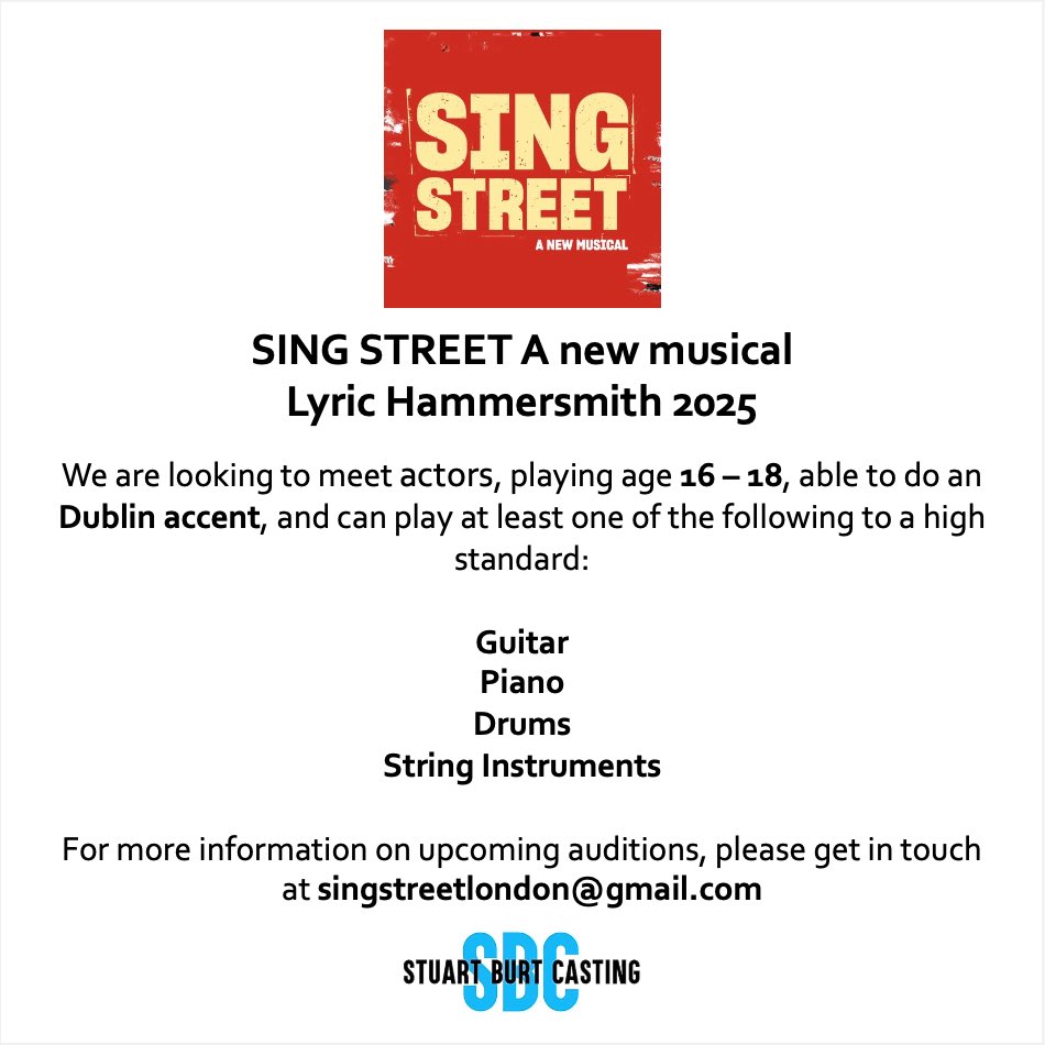 Lyric Hammersmith Theatre (@lyrichammer) on Twitter photo Are you an actor who can play an instrument to high standard and is without professional representation? Then the #singstrett casting team want to hear from you.
Email singstreetlondon@gmail.com by 22 November to find out more and express your interest.
#audition #opencall Are you an actor who can play an instrument to high standard and is without professional representation? Then the #singstrett casting team want to hear from you.
Email singstreetlondon@gmail.com by 22 November to find out more and express your interest.
#audition #opencall