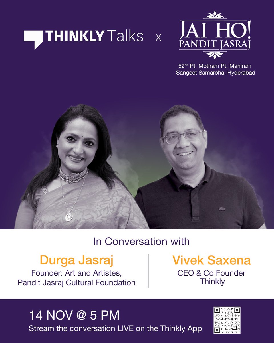 mythinkly's tweet image. #Thinkly is excited to partner with the #PanditJasrajCulturalFoundation for a special #ThinklyTalks! Join #DurgaJasraj and Vivek Saxena as they honor the legacy of #PanditJasraj Ji and the beauty of Indian classical music. 🎶✨

Catch the session here: app.thinkly.me/EDETuHkYSyw5Hs…