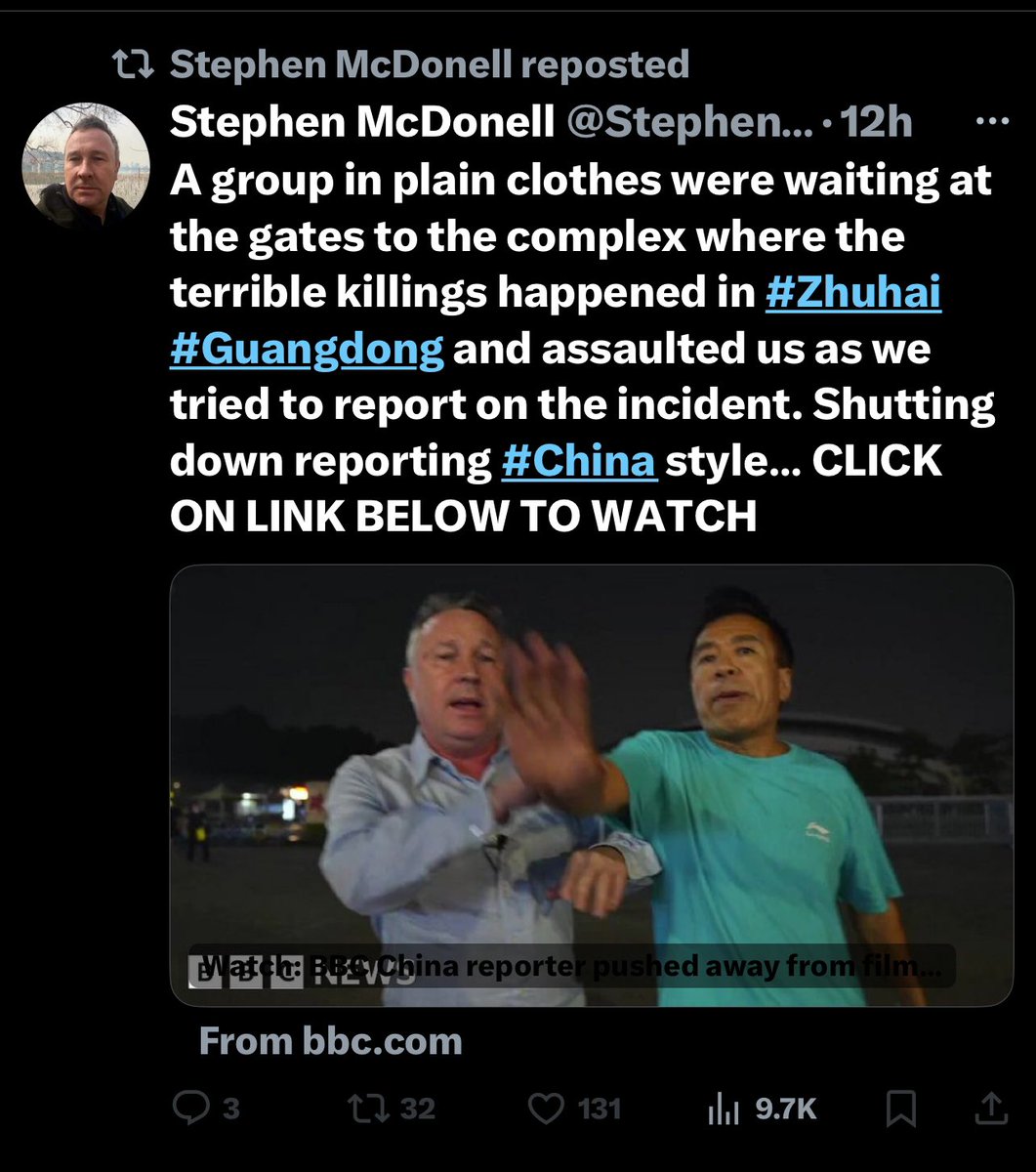 AndyBxxx's tweet image. 🚨BBC VULTURES ARE BACK — A BREAKDOWN🚨

BBC’s China reporter, Stephen McDonell, got the gift of a lifetime when a crazed lunatic in Zhuhai rammed into dozens of people, killing 35, all while he was already in the city covering the Zhuhai Airshow. 

He and his cameraman mislead…