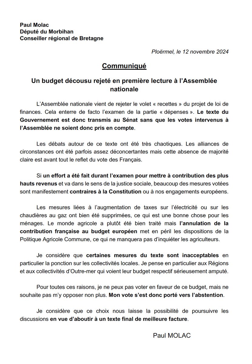 J'ai fait le choix de m'abstenir sur le projet de loi de finances 2025 : sensible aux évolutions pour davantage de justice sociale, je ne peux toutefois me résoudre à voter pour un texte qui annule notre contribution au budget de l'Union européenne.