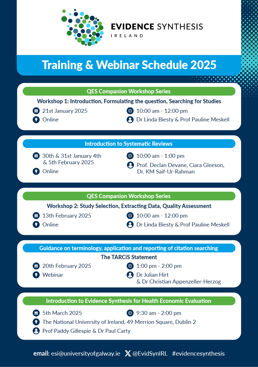 We are excited to share that our 2025 Training &amp; Webinar Schedule' is now live: evidencesynthesisireland.ie/training

It includes our #QualitativeEvidenceSynthesis stream, our ever popular Introduction to Systematic Reviews, and more