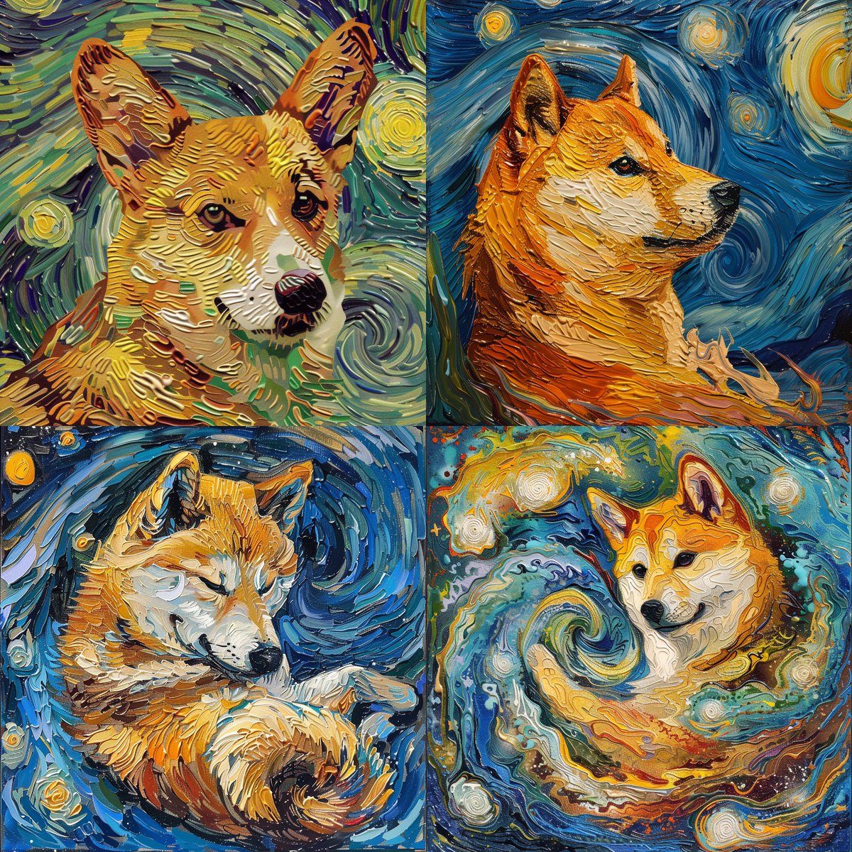 Colloghi's tweet photo. Love some of the Van Gogh inspired images with AI

image of a spinning dogecoin in the style of Van Gogh 

#Ai #dogecoin #midjourney  #vangogh #aiimages https://t.co/VvU6NAGCog