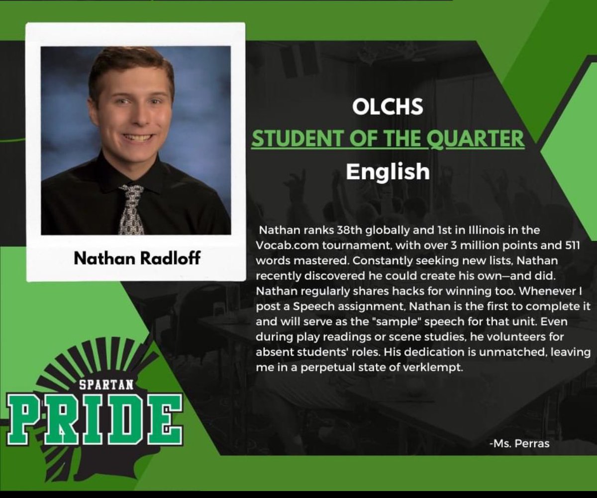 Congratulations to Nathan Radloff - Student of the First Quarter - English Department #olchspride