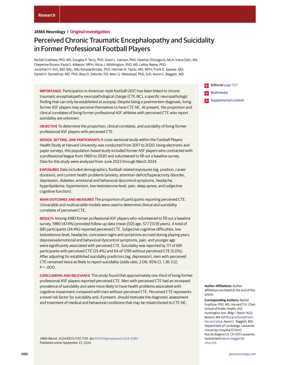 Study finds 34% of former professional American-style football players report perceived chronic traumatic encephalopathy, associated with younger age, cognitive symptoms, mood disorders, and a 5-fold increase in suicidality. ja.ma/3YJqgC7