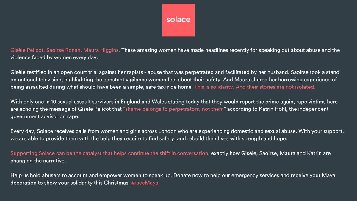 Help us hold abusers to account and empower women to speak up. Donate now to help our emergency services and receive your Maya decoration to show your solidarity this Christmas. #IseeMaya
solacewomensaid.org/individual-giv…